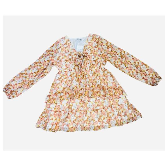 NWT Forever 21 Plus 0X Peach Floral long sleeve ruffled mini dress cottage fairy - Picture 2 of 8